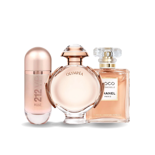 Combo Black Friday com 3 perfumes: Carolina Herrera 212 VIP Rosé, Paco Rabanne Olympia e Chanel Coco Mademoiselle - 100ml