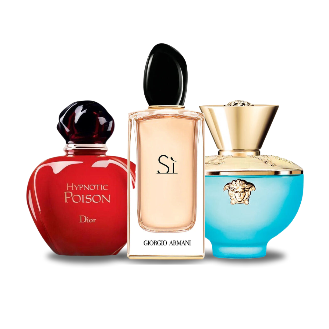 BLACK FRIDAY Combo com 3 perfumes: Dior HYPNOTIC POISON, Giorgio Armani SÌ e Versace DYLAN TURQUOISE - 100ml