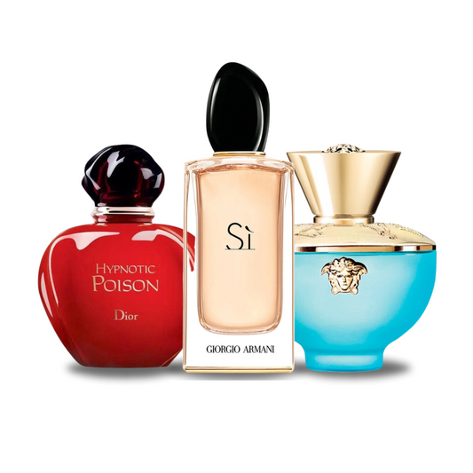 BLACK FRIDAY Combo com 3 perfumes: Dior HYPNOTIC POISON, Giorgio Armani SÌ e Versace DYLAN TURQUOISE - 100ml