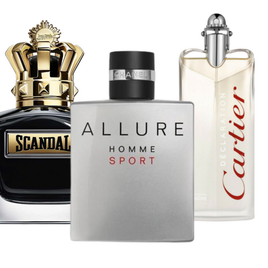Combo Black Friday com 3 perfumes: Jean Paul Gaultier Scandal, Allure Homme Deporte e Cartier Declaration - 100ml